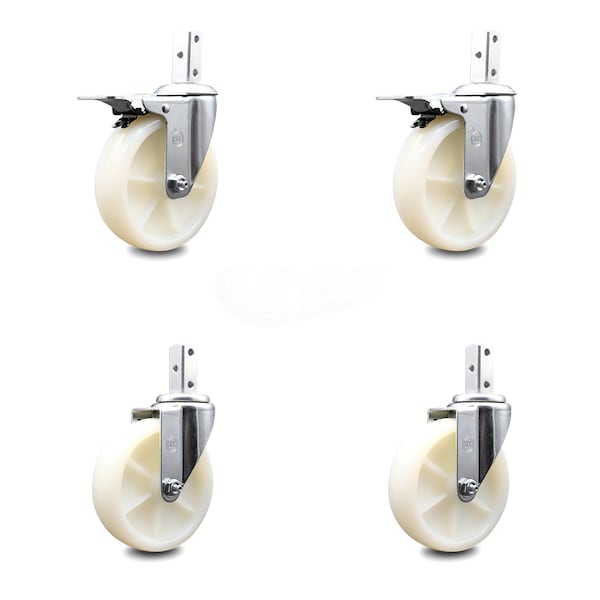 5 Inch Nylon Wheel Swivel 3/4 Inch Square Stem Caster Total Lock Brakes, 2PK